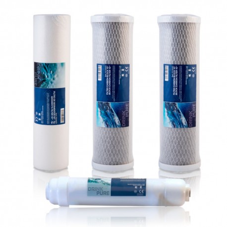 Set di 4 filtri acqua per osmosi inversa universale 5 stadi, 1 Sedimento, 2 CTO e 1 Post Filtro con attacco rapido